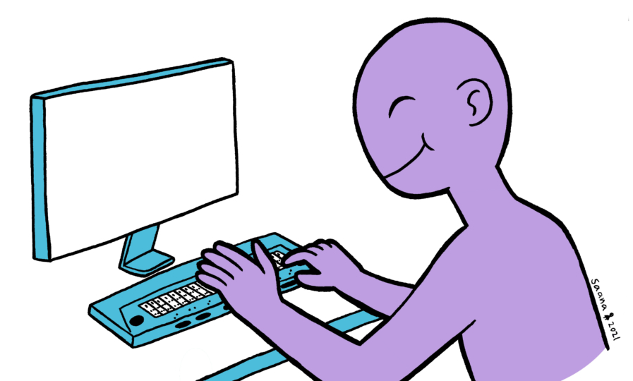 Piirroskuva henkilöstä, joka käyttää tietokonetta sujuvasti.