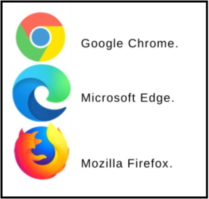 Google Chromen, Microsoft Edgen ja Mozilla Firefoxin logot.