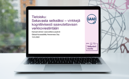 Tietokone, jonka ruudulla on Sekavasta selkeäksi -tietoiskun otsikkodia.