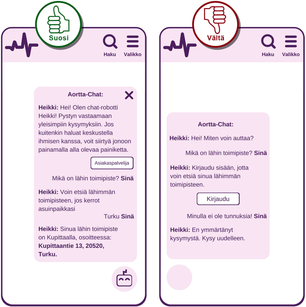 Suosi-vältä-kuvapari, jossa suosi-versiossa chat kertoo selvästi, että käyttäjä keskustelee robotin kanssa, asiakaspalvelijan saa helposti kiinni. Vältä-versiossa jää epäselväksi keskusteleeko käyttäjä robotin vain ihmisen kanssa, ja käyttö vaatii kirjautumisen.