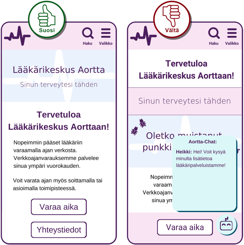 Suosi-vältä-kuvapari, jossa suosi-versiossa ei ole sivun päälle aukeavaa chat-ruutua. Vältä-versiossa on iso chat-ruutu auennut näkymän päälle.