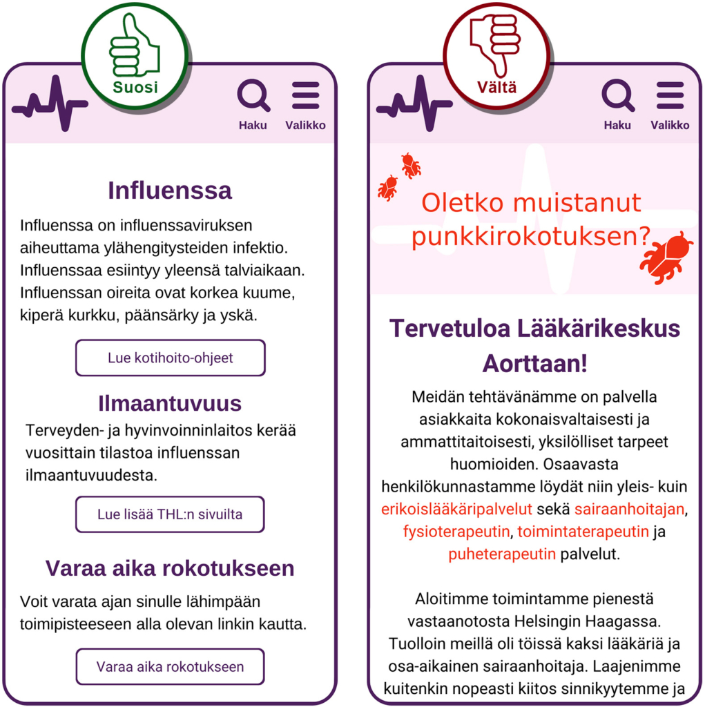 Vältä-suosi-kuvapari, jossa suosi-versiossa kaikki linkit ovat samanlaisia, ja niistä selviää mihin linkki vie. Vältä-versiossa linkit ovat punaisella värillä ilman alleviivausta.