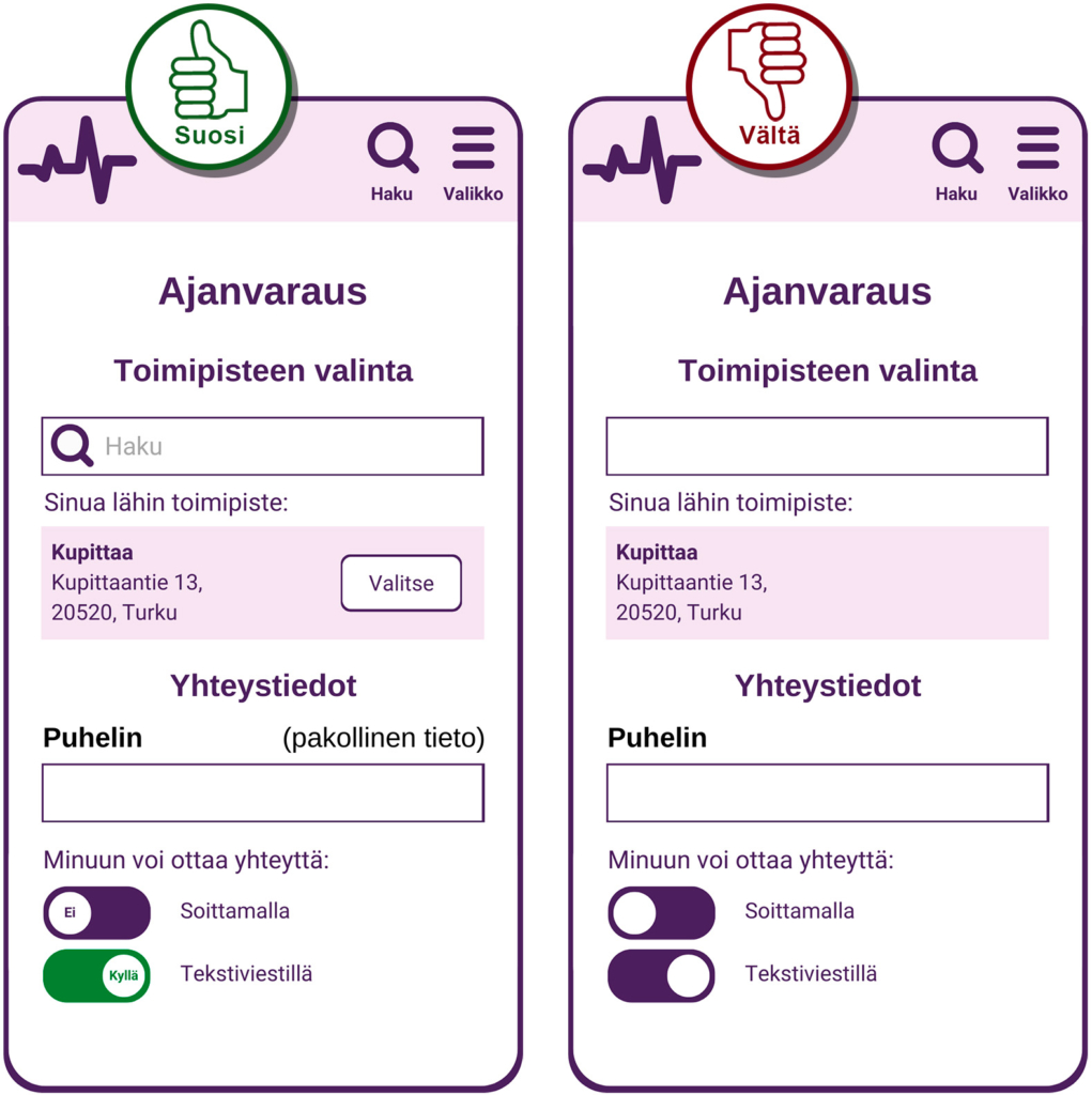 Suosi-vältä-kuvapari, jossa suosi-versiossa selkeät painikkeet esimerkiksi valintakytkimessä väri helpottaa ymmärtämistä. Vältä-versiossa ei ole ymmärtämistä helpottavaa väriä.