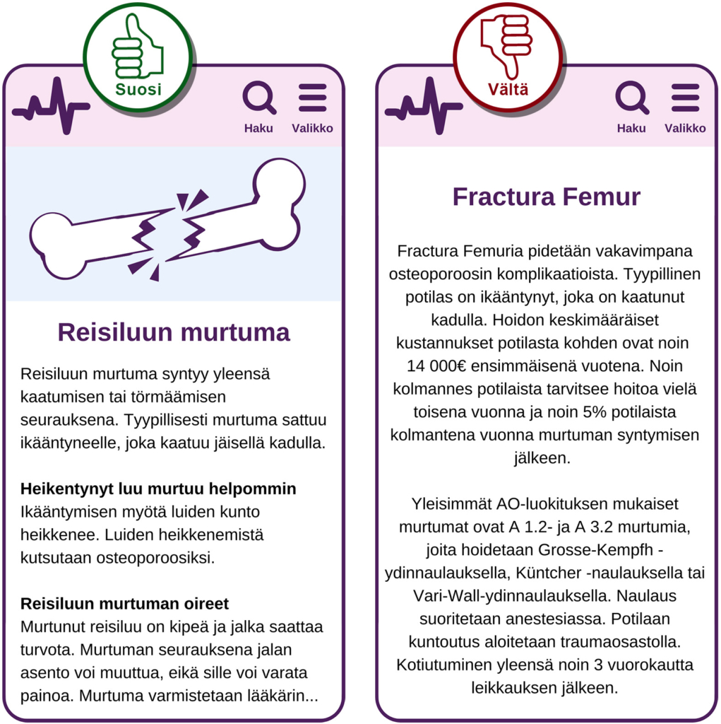 Suosi-vältä-kuvapari, jossa suosi-versiossa selkeää tekstiä ilman vaikeita sanoja ja lisäksi kuva selventämässä tekstin sisältöä ja väliotsikoita helpottamassa lukemista. Vältä-versiossa vaikeita vieraskielisiä sanoja ilman väliotsikoita.