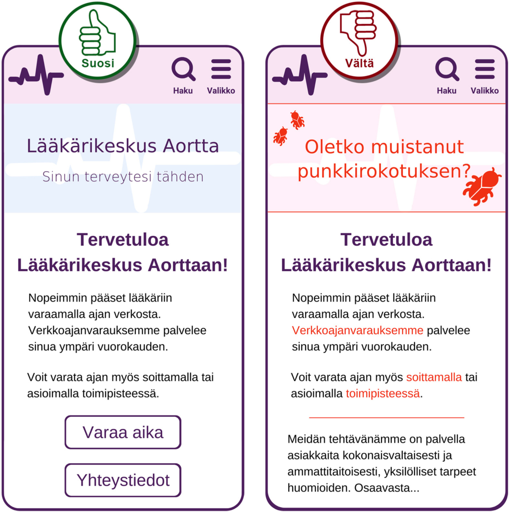 Suosi-vältä-kuvapari, jossa suosi-kuvassa ei ole käytetty punaista väriä. Vältä-kuvassa on punaista väriä esimerkiksi linkit ovat punaisia.