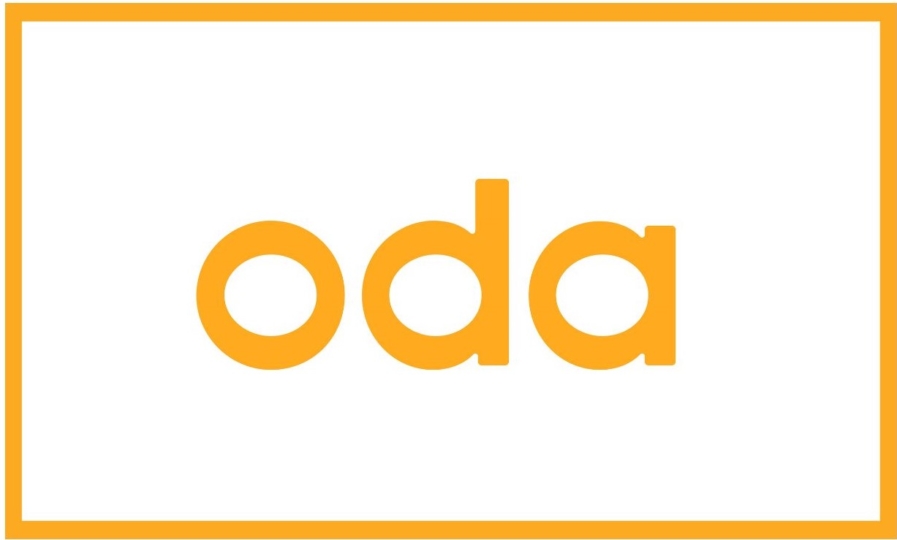 Odan logo. Kuvassa lukee Oda ympärillä teksinväriset reunukset.